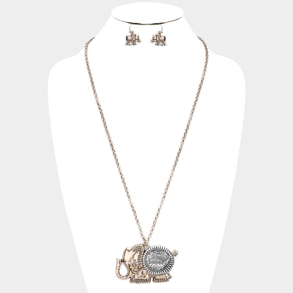 Long Antique Pattern Gold Elephant Charm Necklace Statement Pendant Chain Set - Picture 1 of 2